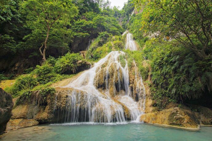 Erawan Waterfall Level Waterfall In Kanchanaburi With A Limestone Cave