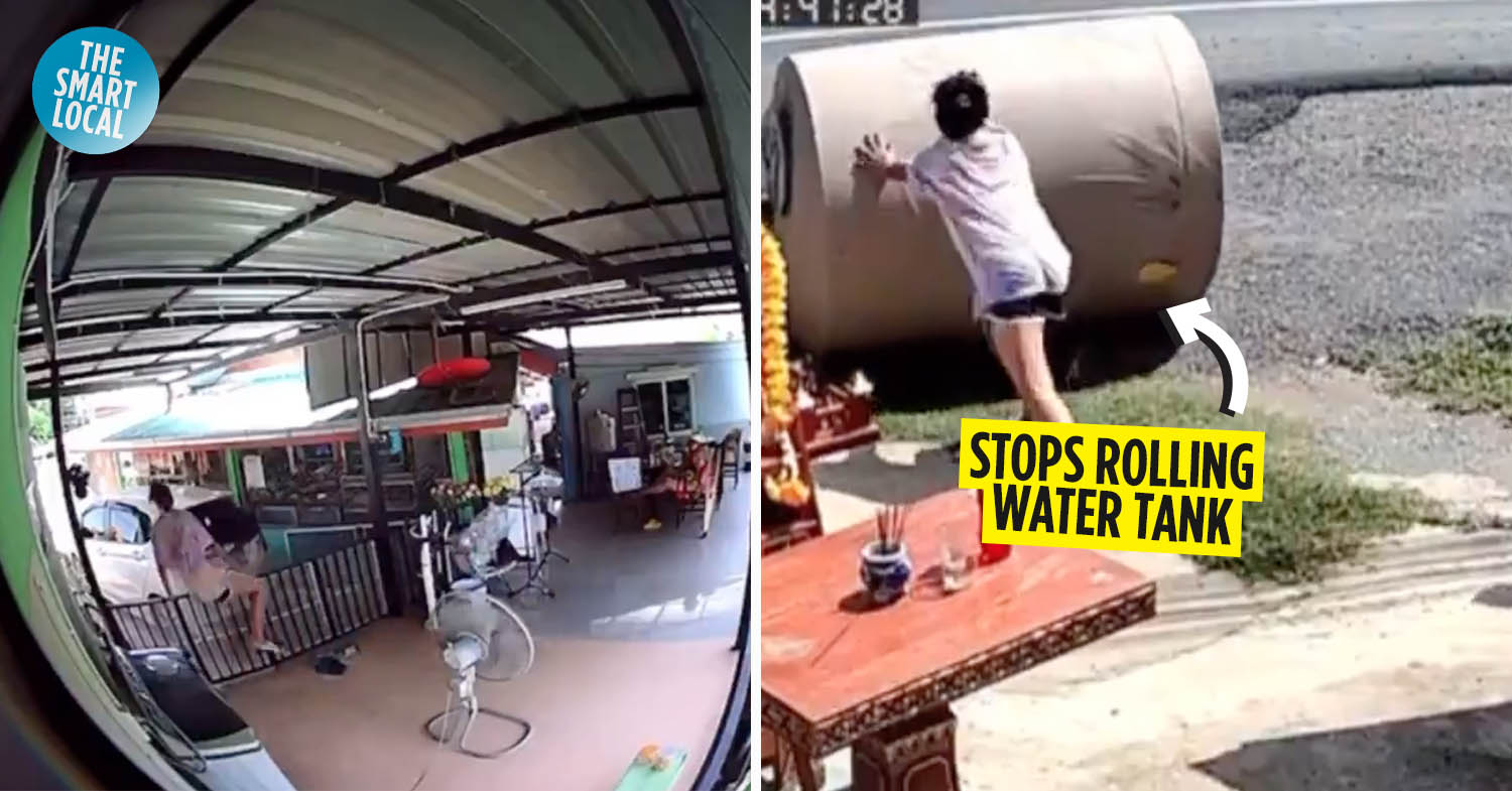 Athletic Woman Stops Rolling Water Tank, Jumps Over Fence To Catch It