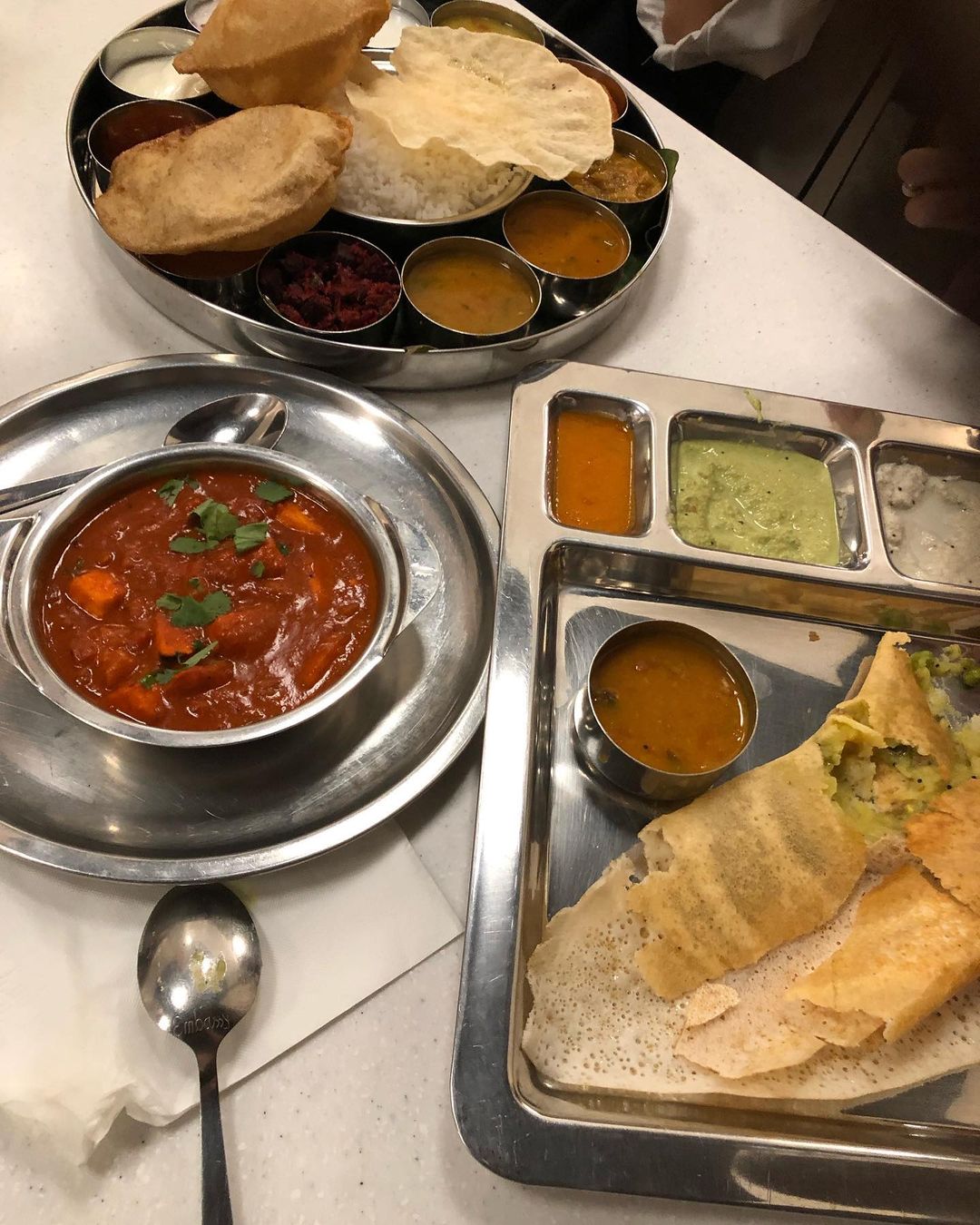 A platter of food including a Northern Indian curry at Saravana Bhavan.