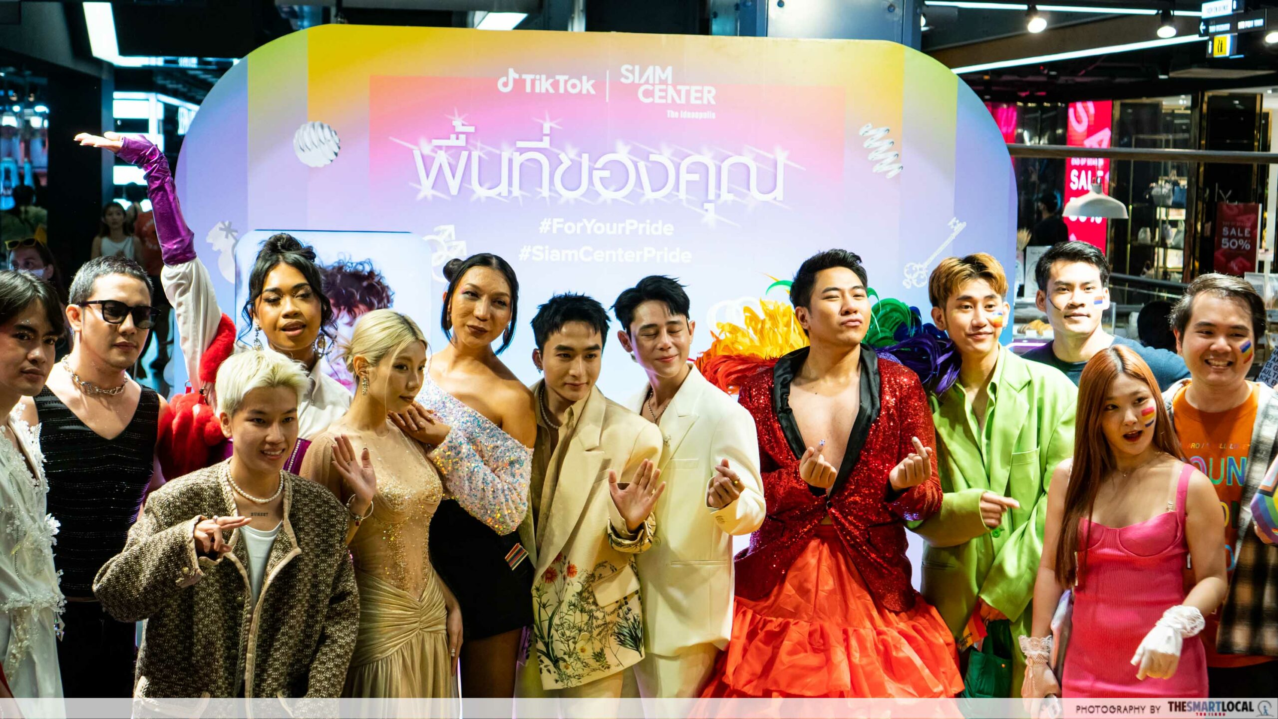 Celebrities and influencers posing in Siam Center's TikTok Safe Space during Pride Month. 