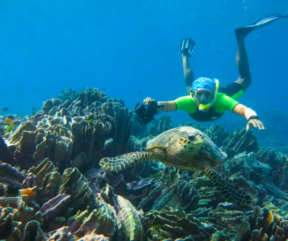 A diver snorkeling near the reefs alongside a turtle in Southern Thailand. 