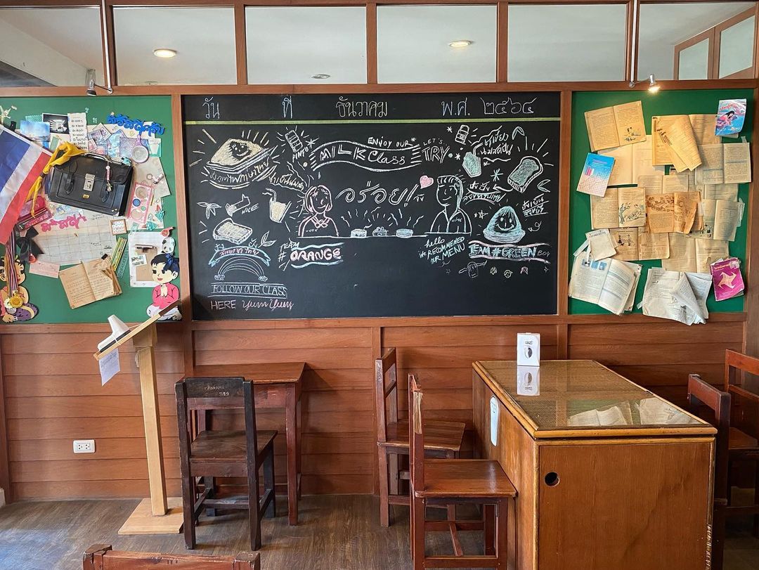 A cute blackboard filled with scribbles at classroom-themed cafe My Milk Class